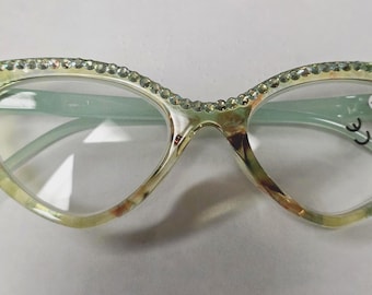 Pastel Green Crystal Cats Eye Reading Glasses  Readers Spring Hinges Free shipping