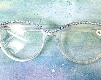 Blue Crystal Cats Eye Reading Glasses, Spring Hinge Free Shipping