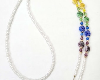I Love RAINBOW  Lampwork Swirls made with Fine Austrian crystals white Eyeglass Chain