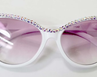 White Cats Eye Sun Glasses Austrian Crystals  Reading Glasses Readers 3.00