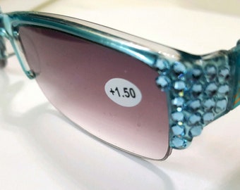 Aqua Mother of Pearl  made with  Aqua Crystals Sun Reading Glasses Spring Hinge