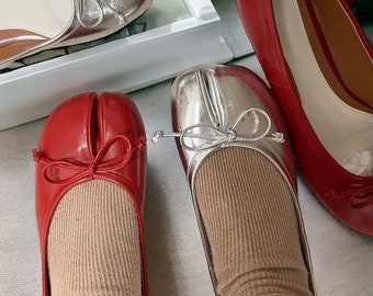 Tabi Schuhe für Damen, Kunstleder Tabi Schuhe, faltbare Schuhe im französischen Stil, Eco Leder Tabi Ballerinas, Split Toe Tabi Ballerinas