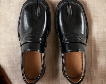 Black Tabi Split-Toe Loafers,Mens,Slip on Casual Shoes, Pig Hoof Style, Mary Janes Chunky Cleated Soles Flats, Oxfords & Wingtips