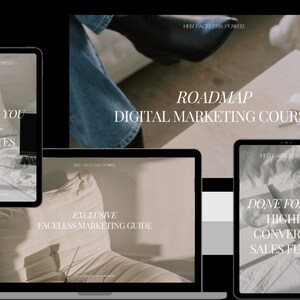Può includere: Lo schermo di un computer portatile mostra una roadmap di un corso di marketing digitale con il testo "ROADMAP DIGITAL MARKETING COURSE". Sono mostrati tre tablet digitali con il testo "DONE FOR YOU EMAIL TEMPLATES", "EXCLUSIVE FACELESS MARKETING GUIDE" e "DONE FOR YOU HIGHLY-CONVERTING SALES FUNNEL".