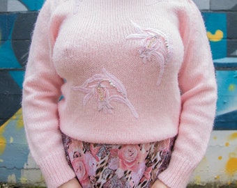 Suéter de manga abullonada con cuentas y coqueta rosa vintage para mujer