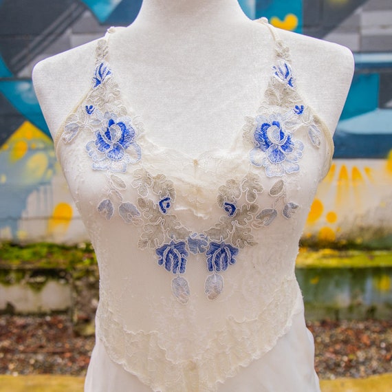 Women's White & Blue Floral Lace Slip Dress Size S - image 2