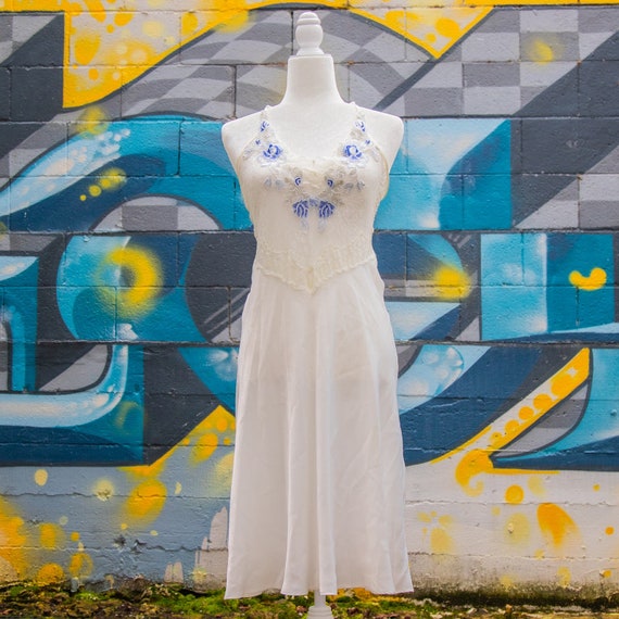 Women's White & Blue Floral Lace Slip Dress Size S - image 1