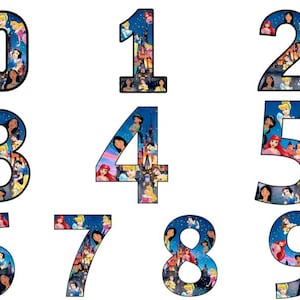 Numeri con Principesse Disney, PNG, PDF, JPEG, stampa digitale, stampa decorativa, allestimenti compleanno, decorazioni feste di compleanno
