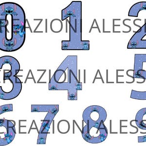 Numeri e lettere dell'alfabeto a tema Stich per decorazioni compleanni fai da te, PDF, PNG, JPEG, stampa digitale, stampa decorativa