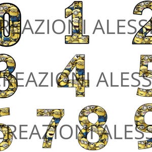 Numeri di compleanno e lettere dell'alfabeto tema minions in PNG, JPG, PDF per decorazioni compleanno fai da te, stampa digitale