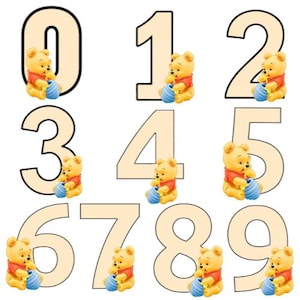Numeri a tema Winnie the pooh, decorazioni compleanno fai da te, da stampare, allestimenti feste di compleanno, png, pdf, jpg