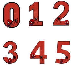 Numeri a tema Spiderman in PNG, JPEG, PDF per decorazioni compleanno fai da te, stampa digitale, stampa decorativa, allestimenti feste