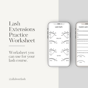 May include: A black and white printable worksheet for lash extension practice. The worksheet includes three different lash maps: doll eye, cat eye, and classic lash. The text "Lash Maps" is at the top of the worksheet. The text "@allaboutlash" is at the bottom of the worksheet.
