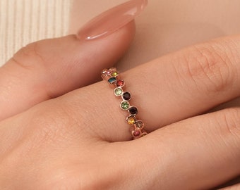 18K Rose Gold Rainbow Ring: 925 Sterling Silver Dainty Stacking Ring