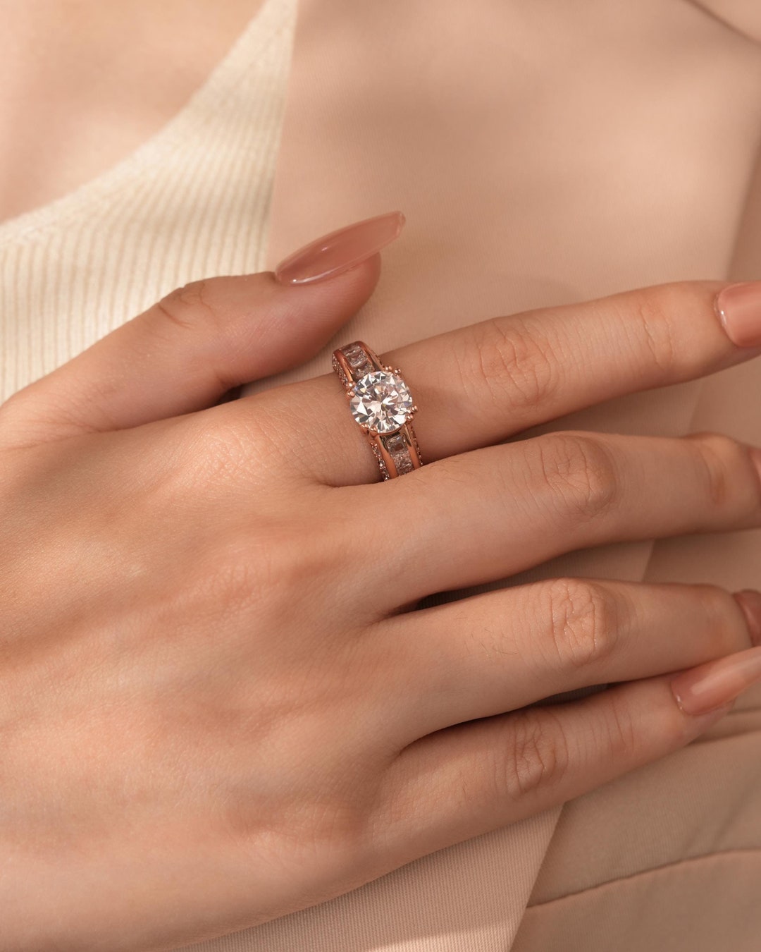 18K Rose Gold Round Cut Solitaire Pave Set Ring, Solitaire