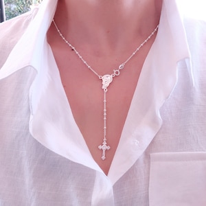 Solid Sterling Silver Rosary Necklace. 18&quot; Petite Baptism First Holy Communion Confirmation Necklace.  Religious Rosary 18&quot; Necklace