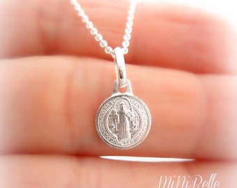 Petite Sterling Silver St. Benedict Medal Necklace. Catholic Religious Jewelry. Medalla San Benito.