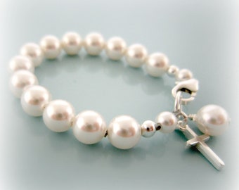Baby Pearl Bracelet. Baby Pearl Cross Bracelet. Baptism Bracelet. Flower Girl. First Communion Bracelet. Religious Cross Baby Bracelet