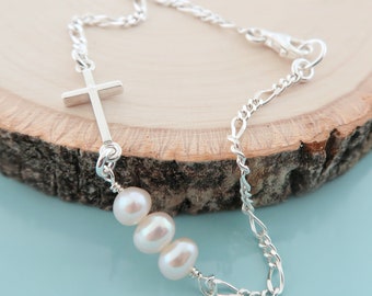 Silver Cross Bracelet. Religious Cross Bracelet. White Freshwater Pearl Cross Bracelet. First Communion Gift. Confirmation Gift.