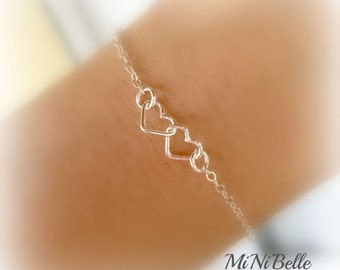 Petite Heart Bracelet.  Sterling Silver Double Heart Bracelet. Friendship. Bridesmaids Jewelry