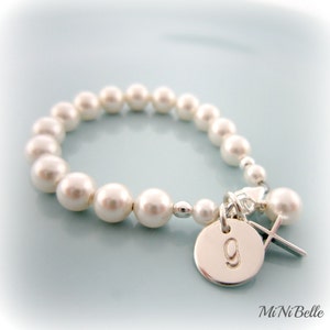 Photo Props Newborn or Toddler Easy OnOff White Acrylic Pearl Stretch Bracelet with Gold Accent Beads /& Initial Durable Personalized