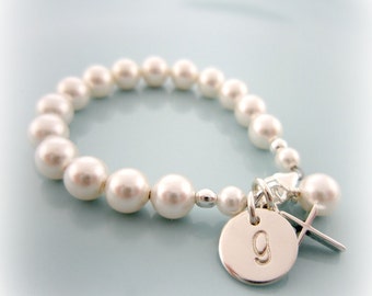 Baby Pearl Bracelet. Personalized Baby Pearl Cross Bracelet. Baptism. Flower Girl. Weddings. First Communion