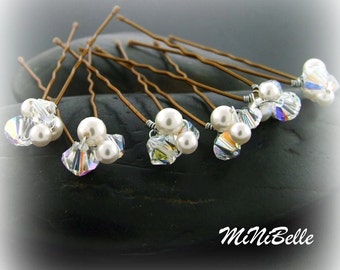 Mini Little Cluster Bridal Hair Pins Set of 6 Crystals and White Pearls