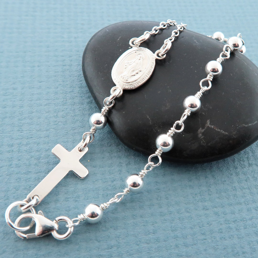 Rosary Bracelet. Sterling Silver Rosary Bead Bracelet. Religious Rosary