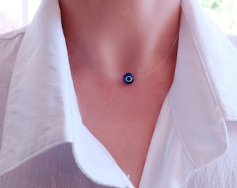 Blue Evil Eye Illusion Necklace. Floating Evil Eye Illusion Necklace. Petite Blue Eye Necklace. Sterling Silver Evil Eye Blue Necklace