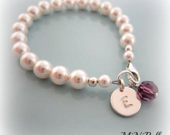 Baby Pearl Birthstone Bracelet. Personalized Baby Inital Bracelet. Baptism. Communion. Flower Girl. Weddings. First Communion