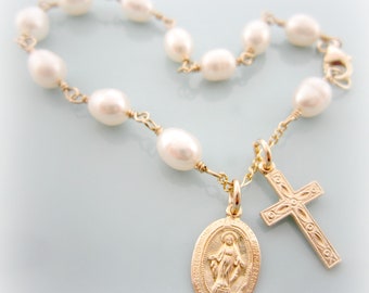 Rosary Bracelet. Gold Filled White Pearl Rosary Bracelet. Religious Rosary Bracelet. First Communion. Confirmation.