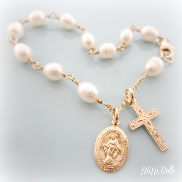 Rosary Bracelet. Gold Filled White Pearl Rosary Bracelet. Religious Rosary Bracelet. First Communion. Confirmation.