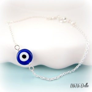 Dark Blue Evil Eye Bracelet. Sterling Silver Evil Eye Bracelet. Petite Blue Evil Eye Bracelet. Pulsera de Ojo Azul de Plata