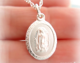 Our Lady of Guadalupe Jesus Sacred Heart Sterling Silver Necklace. Virgen De Guadalupe Catholic Necklace. Mary Necklace. Rosary Necklace