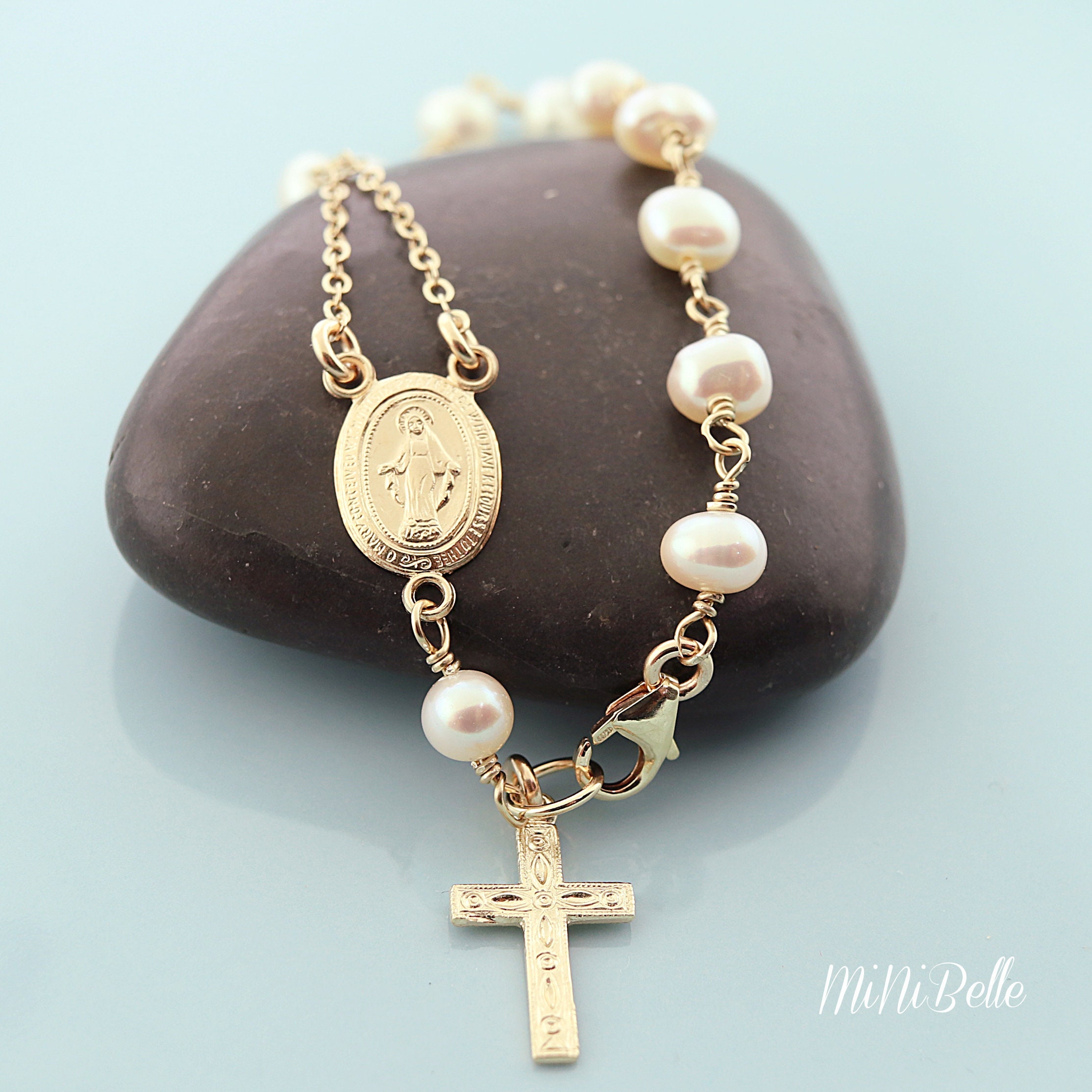 Rosary Bracelet. Gold Filled White Pearl Rosary Bracelet. Etsy