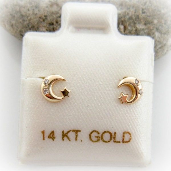 14K Solid Gold Baby Little Girls Moon and Star Screwback Earrings. Baby Birthday Gift. Star Shape Gold Earrings