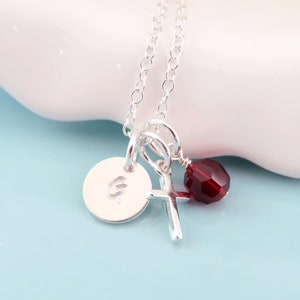 Personalized Initial Birthstone Necklace. Baby Baptism Cross Necklace. Sterling Silver. First Holy Communion. Christening. Confirmation