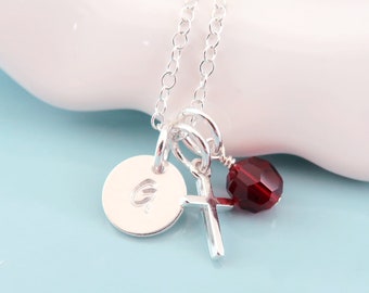 Personalized Initial Birthstone Necklace. Baby Baptism Cross Necklace. Sterling Silver. First Holy Communion. Christening. Confirmation