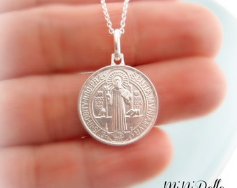 Sterling Silver St. Benedict Medal Necklace. Catholic Religious Jewelry. Coin Charm. 18mm Medalla San Benito