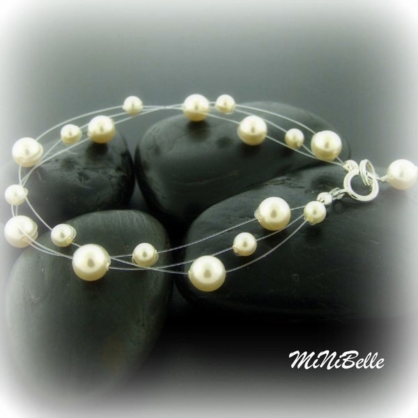 Pearl Multi Strand Illusion Floating Bridal Jewelry Bracelet available in white or cream pearls
