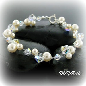 Multi Strand Cream Pearl and Austrian Crystal Floating Bridal Bracelet