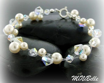 Multi Strand Cream Pearl and Austrian Crystal Floating Bridal Bracelet