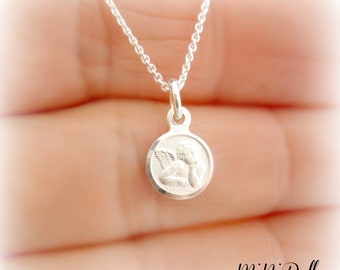 Sterling Silver Angel Necklace. Tiny Guardian Angel. Cherub. Baptism. Christening Necklace