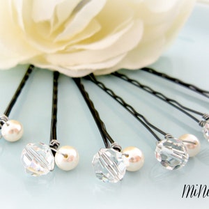 Pearl Hair Pins. Bridal Pearl Hair Pins. White Pearl Hair Pins. Set of 6 Double Pearl Crystal Bridal Hair Pins. Wedding Hair Pins