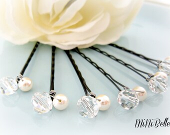 Pearl Hair Pins. Bridal Pearl Hair Pins. White Pearl Hair Pins. Set of 6 Double Pearl Crystal Bridal Hair Pins. Wedding Hair Pins