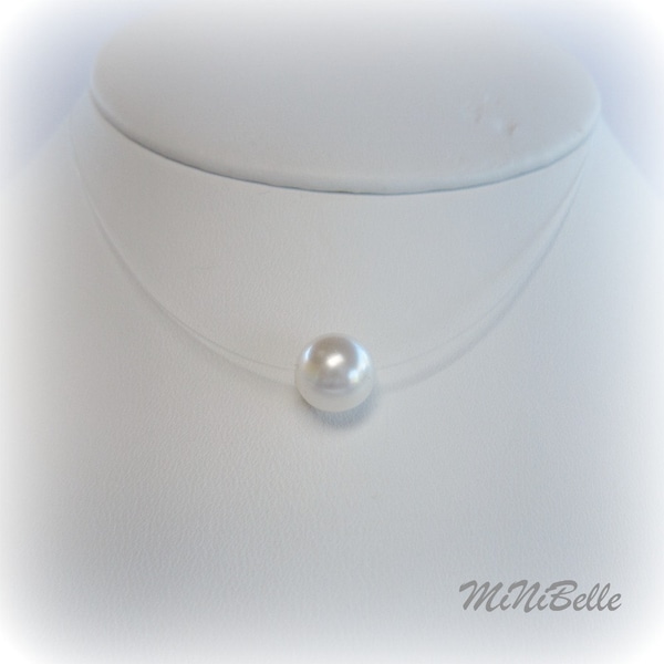 Floating White Pearl- Illusion Necklace - Single White Floating Pearl Illusion Necklace - Wedding Jewelry