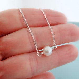 Single Floating White Pearl Necklace. Freshwater Pearl Sterling Silver Necklace. Petite Pearl Necklace. Bridesmaids Necklace.Wedding Jewelry