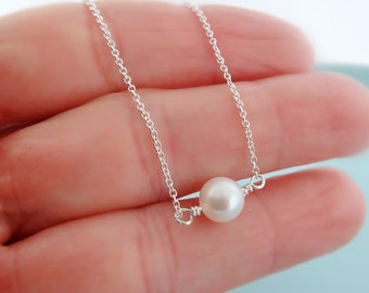 Single Floating White Pearl Necklace. Freshwater Pearl Sterling Silver Necklace. Petite Pearl Necklace. Bridesmaids Necklace.Wedding Jewelry