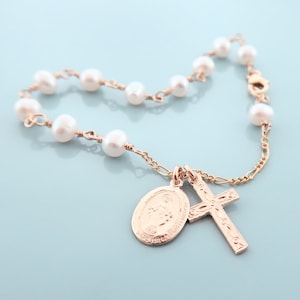 Rosary Bracelet. Gold Filled White Pearl Rosary Bracelet. Religious Rosary Bracelet. First Communion. Confirmation.