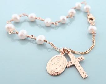 Rosary Bracelet. Gold Filled White Pearl Rosary Bracelet. Religious Rosary Bracelet. First Communion. Confirmation.